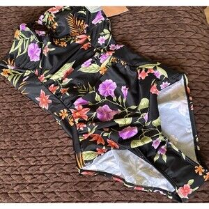 NWT Shade & Shore Black Floral Print One Piece Bathing Suit Swimwear Pick Size